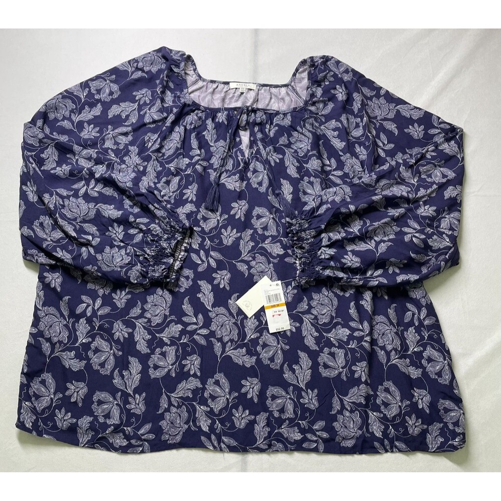 Angels Forever Young Plus Size 3X Floral Peasant Blouse Blue Boho Rayon
